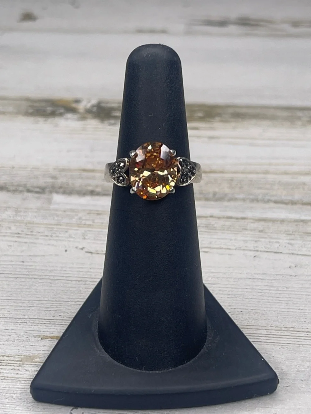 Sterling Silver Peach Crystal Marcasite Heart Statement Ring